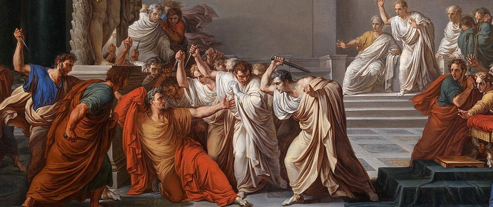 The assassination of Julius Caesar, led by Brutus, by the Senate